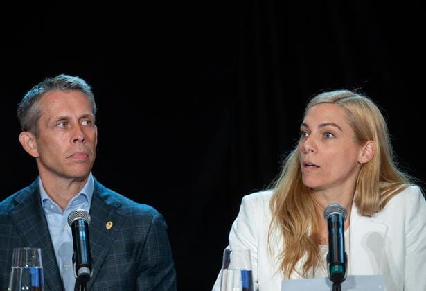 June 12, 2022, Montreal, PQ, Canada: Minister of Sport Pascale St-Onge, right, and COC CEO David Shoemaker speak during a news conference in Montreal, Sunday, June 12, 2022. Montreal Canada  - ZUMAc35_ 20220612_zaf_c35_012 Copyright: xGrahamxHughesx