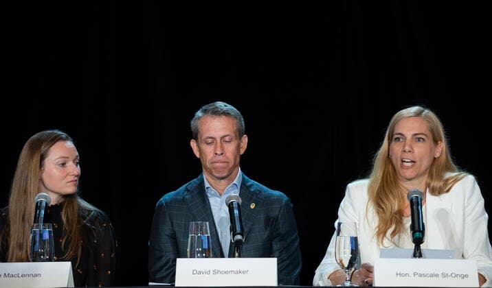June 12, 2022, Montreal, PQ, Canada: Minister of Sport Pascale St-Onge, right, with Olympic athlete Rosie MacLennan and COC CEO David Shoemaker, speaks during a news conference in Montreal, Sunday, June 12, 2022. Montreal Canada  - ZUMAc35_ 20220612_zaf_c35_013 Copyright: xGrahamxHughesx