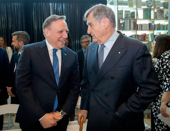 June 13, 2022, Montreal, PQ, Canada: Quebec Premier Francois Legault, left, talks with former premier Lucien Bouchard during an event launching commemorations of the 100th anniversary of the birth of Rene Levesque in Montreal, Monday, June 13, 2022. Montreal Canada  - ZUMAc35_ 20220613_zaf_c35_072 Copyright: xGrahamxHughesx