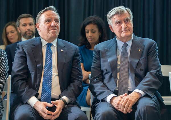 June 13, 2022, Montreal, PQ, Canada: Quebec Premier Francois Legault, left, and former premier Lucien Bouchard attend an event launching commemorations of the 100th anniversary of the birth of Rene Levesque in Montreal, Monday, June 13, 2022. Montreal Canada  - ZUMAc35_ 20220613_zaf_c35_078 Copyright: xGrahamxHughesx