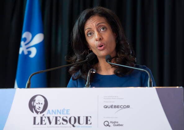 June 13, 2022, Montreal, PQ, Canada: Quebec Liberal Party Leader Dominique Anglade speaks during an event launching commemorations of the 100th anniversary of the birth of Rene Levesque in Montreal, Monday, June 13, 2022. Montreal Canada  - ZUMAc35_ 20220613_zaf_c35_079 Copyright: xGrahamxHughesx