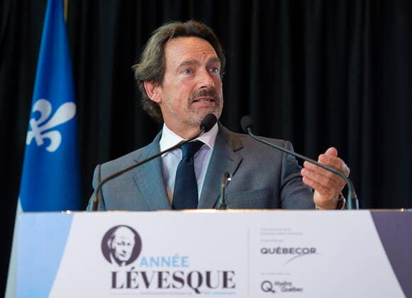 June 13, 2022, Montreal, PQ, Canada: Quebecor CEO and Former Parti Quebecois Leader Pierre Karl Peladeau speaks during an event launching commemorations of the 100th anniversary of the birth of Rene Levesque in Montreal, Monday, June 13, 2022. Montreal Canada  - ZUMAc35_ 20220613_zaf_c35_083 Copyright: xGrahamxHughesx