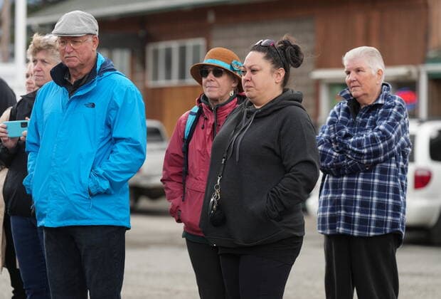 June 14, 2022, LYTTON, BC, CANADA: Residents listen as Harjit Sajjan, minister of International Development, speaks during an announcement about funding to rebuild the village of Lytton, B.C., on Tuesday, June 14, 2022. The fire-ravaged community of Lytton, B.C., will get $77 million from the federal government to help it rebuild a fire-resistant and energy-efficient community. Two people were killed and much of the centre of the village was destroyed when wildfire ripped through the community almost a year ago. LYTTON CANADA  - ZUMAc35_ 20220614_zaf_c35_095 Copyright: xDarrylxDyckx