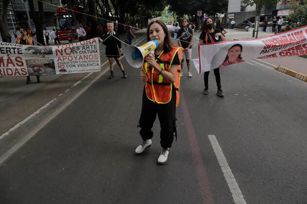 Activists Demand An End To Bullfighting In Mexico City Members of a group in favor of animals demonstrate in front of the facilities of GNP Seguros (partner and sponsor of Plaza MÃ xico) on Avenida de los Insurgentes in Mexico City, to demand an end to bullfighting in Mexico. Mexico City Mexico City Mexico  Copyright: xGerardoxVieyrax originalFilename: vieyra-notitle220617_npksw.jpg