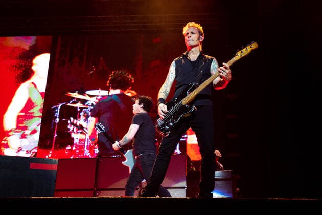 Singer and guitarist Billie Joe Armstrong, left, and bassist Mike Dirnt of Green Day perform during the Rock for People 2022 music festival in Hradec Kralove, Czech Republic, June 18, 2022. (CTKxPhoto DavidxTanecek) CTKPhotoP2022061900160  TAD 008