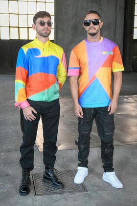 Milan, Milan Fashion Week, men s spring summer 2023. Milan, Men s fashion, spring summer 2023. MOSCHINO fashion show arrives Pictured: Luca De Gregorio and Simone Giani aka Meduza  Copyright: xBlufotox xipa-agency.netx xModaxMilanox