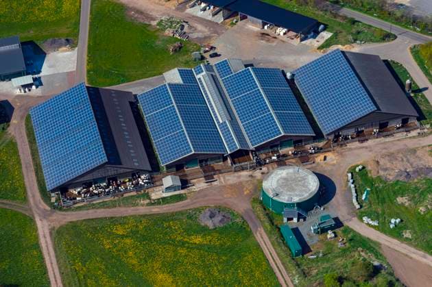 IMAGO Nature: Unsere Erde, Energiequellen, Photovoltaik Hausrind (Bos primigenius f. taurus), Rinder stehen vor dem Kuhstall, Solarpannels auf den Dachflaechen, Luftbild, 06.05.2022, Deutschland, Schleswig-Holstein domestic cattle (Bos primigenius f. taurus), cattles stand in front of the stable, solar panels on the roof, aerial view 05 06 2022, Germany, Schleswig-Holstein BLWS668456 *** Domestic cattle Bos primigenius F Taurus , Cattle Standing before the Cowshed, solar panels at the roof surfaces, aerial view, 06 05 2022, Germany, Schleswig Holstein Domestic Cattle Bos primigenius F Taurus , cattles stand in Front of The stable, Solar Panels ON The roof, Aerial View 05 06 2022, Germany, Schleswig Holstein BLWS668456 Copyright: xblickwinkel C.xKaiserx