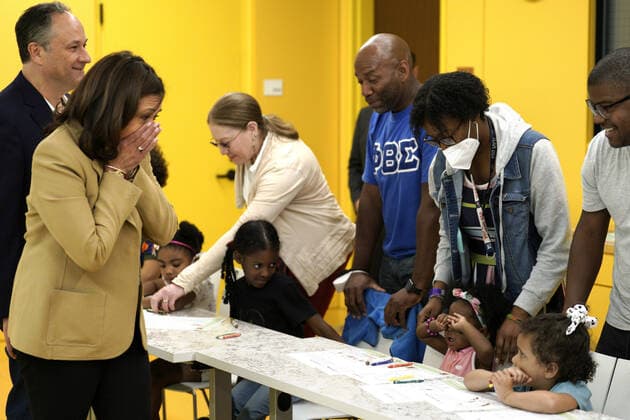 U.S. Vice President Kamala Harris greets children at an art class as she visits the National Museum of African American History and Culture to mark a Juneteenth in Washington, DC on Monday, June 20, 2022.  WASP20220620105 YurixGripas