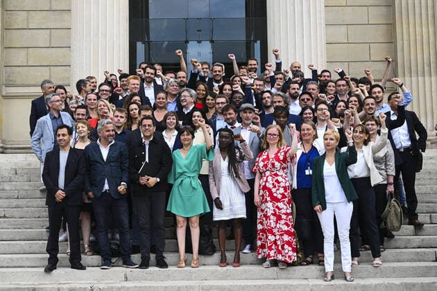 News Themen der Woche KW25 News Bilder des Tages Frankreich, Gruppenbild der Partei NUPES um Jean-Luc Melenchon vor dem Parlament in Paris Photo du groupe NUPES sur les marches du peyron de l assemblee Nationale avec Jean Luc Melenchon NEWS : Arrivee des Deputes de la XVI Legislature - Paris - 21 06 2022 JBAutissier Panoramic 
