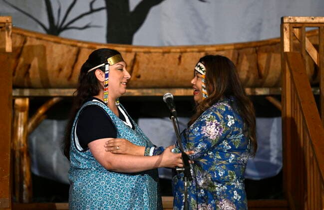 June 21, 2022, Ottawa, ON, CAN: Throat singers Kendra Tagoona, left, and Tracy Sarazin perform at a community celebration of National Indigenous Peoples Day at MÄÂdahoÂ²koÂ¬ Farm in Ottawa, on Tuesday, June 21, 2022. Ottawa CAN  - ZUMAc35_ 20220621_zaf_c35_099 Copyright: xJustinxTangx