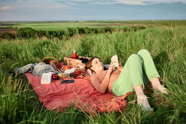 Smiling woman reading book at picnic in field model released, Symbolfoto, ZEDF04592