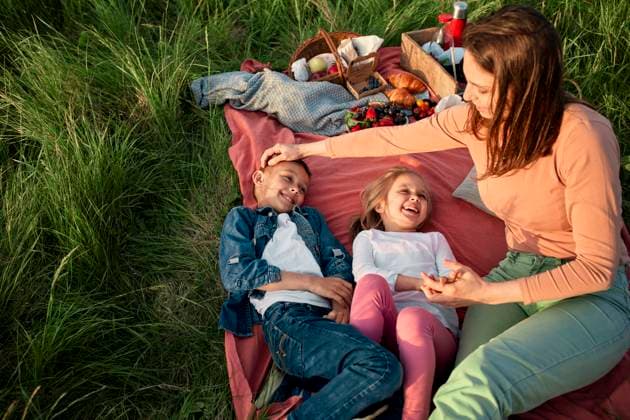 Mother sitting by happy children on picnic blanket model released, Symbolfoto, ZEDF04602