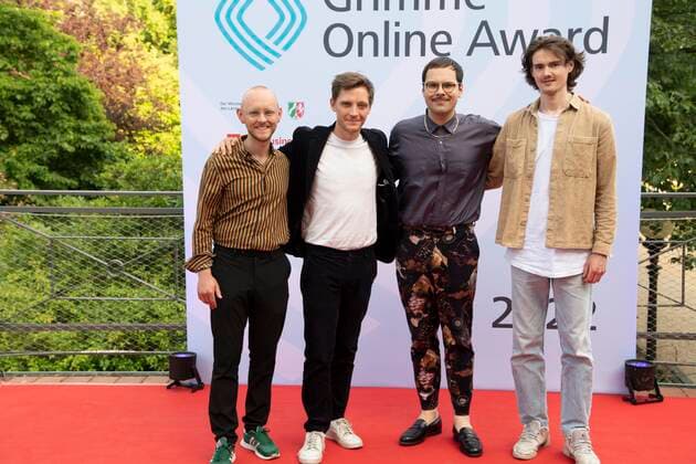 PUDELDAME, band, music group, from left with Nico BAUCKHOLT, Jonay NAY, David GRABOWSKI and Jon Ander KLEIN, red carpet, red carpet show, Grimme Online Awards 2022 ceremony on 23 06 2022 at Flora Koeln,