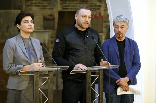 KYIV, UKRAINE - JUNE 24, 2022 - Prosecutor General of Ukraine Iryna Venediktova, Minister of Internal Affairs of Ukraine Denys Monastyrskyy and Minister of Culture and Information Policy of Ukraine Oleksandr Tkachenko (L to R) hold a press conference at the National Museum of the History of Ukraine as the largest collection of antiquities since Ukraine s independence confiscated from ex-MP Valerii Horbatov during authorized searches is due to be returned to the state, Kyiv, capital of Ukraine. This photo cannot be distributed in the Russian Federation. Largest collection of antiquities in Ukraine?s history confiscated from ex-MP presented in Kyiv  Copyright: xRuslanxKaniukax