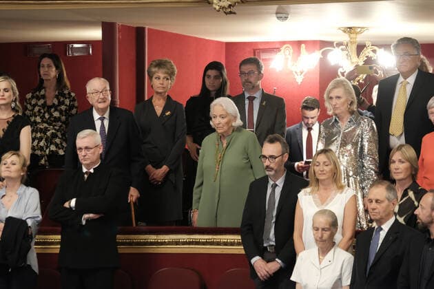 King Albert II of Belgium, Queen Paola of Belgium and Princess Astrid of Belgium pictured during the Concert of Belgian-Italian friendship in the presence of members of the Royal Family, in the Liege Opera House, Friday 24 June 2022.  BRUNOxFAHY 36609095