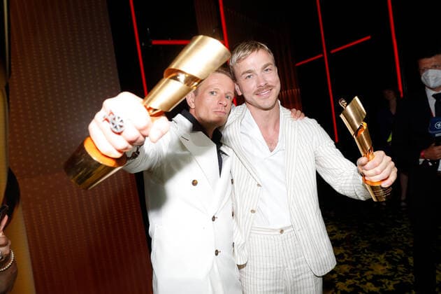 German Film Award 2022 Alexander Scheer and Albrecht Schuch at the party during the Lola German Film Award 2021 ceremony at the Palais am Funkturm in Messe Berlin Copyright: xEventpressxGolejewskix