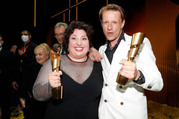 German Film Award 2022 Meltem Kaptan and Alexander Scheer at the party during the Lola German Film Award 2021 ceremony at the Palais am Funkturm in Messe Berlin Copyright: xEventpressxGolejewskix