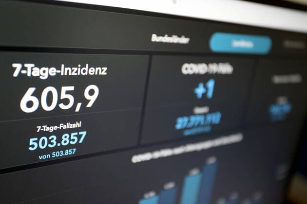 RKI dashboard, 7 day incidence is now 605.9 7 day incidence, RKI dashboard on a monitor on 26 06 2022 in Siegen Germany.