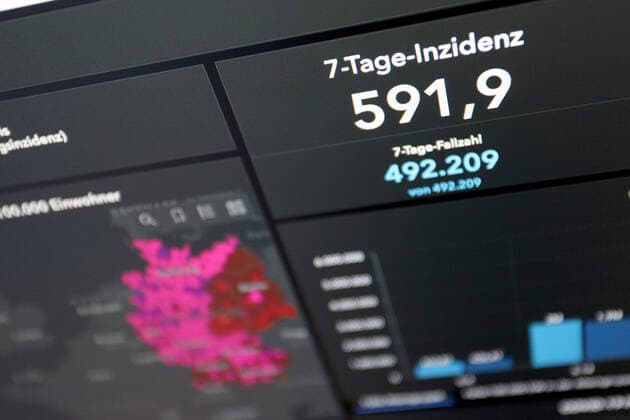 RKI dashboard, 7 day incidence is now 591.9 7 day incidence, RKI dashboard on a monitor on 27 06 2022 in Siegen Germany.