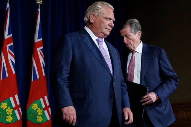June 27, 2022, TORONTO, ON, Canada: Ontario Premier Doug Ford and Toronto Mayor John Tory, shuffle during a joint press conference inside QueenöÄÃ s Park in Toronto, Monday, June 27, 2022. TORONTO Canada  - ZUMAc35_ 20220627_zaf_c35_049 Copyright: xColexBurstonx