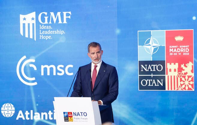 Entertainment Themen der Woche KW26 Entertainment Bilder des Tages Spain s King Felipe VI takes part during the NATO Public Forum summit in Madrid, Spain, 28 June 2022. Heads of State and Government from NATO s member countries and key partners are gathering in Madrid to discuss important issues facing the Alliance and endorse NATO s new Strategic Concept, the Organization said. NATO Public Forum summit in Madrid !ACHTUNG: NUR REDAKTIONELLE NUTZUNG!  Copyright: xRodrigoxJimenezx GRAF9372 20220628-aed433c72205d699dc247493023f5f8d1477b5c9