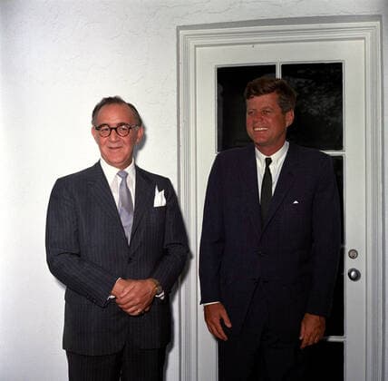 Visit of Benny Goodman, The King of Swing, 10:43AM. President John F. Kennedy visits with jazz musician, Benny Goodman (left). West Wing Colonnade, White House, Washington, D.C. Copyright: xpiemagsx