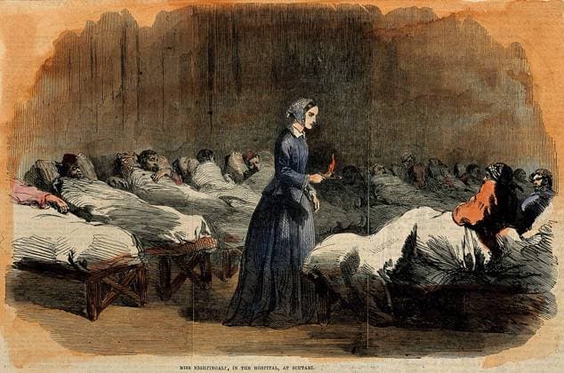 Florence Nightingale. Coloured wood engraving, 1855.