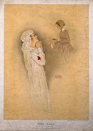 Florence Nightingale: a nurse looking up at a vision of Florence Nightingale as the lady of the lamp . Colour process print after R. Kirchner, 1917.