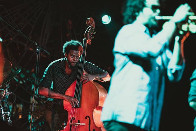 Irreversible Entanglements live at Roskilde Festival 2022, Roskilde, Denmark Roskilde, Denmark. 30th, June 2022. The American free-jazz group Irreversible Entanglements performs a live concert during the Danish music festival Roskilde Festival 2022 in Roskilde. Here bass player Luke Stewart is seen live on stage. Roskilde Denmark  Copyright: xGonzalesxPhoto MathiasxKristensex