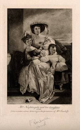 Mrs Nightingale with her daughters, Florence and Parthenope. Photogravure by E. Walker after a watercolour, 1828. Copyright: xpiemagsx