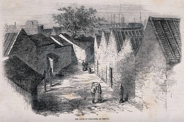 Taiping Rebellion, China: the place in Guangzhou where people were executed. Wood engraving after W.G. Dickson, 1855. Copyright: xpiemagsx