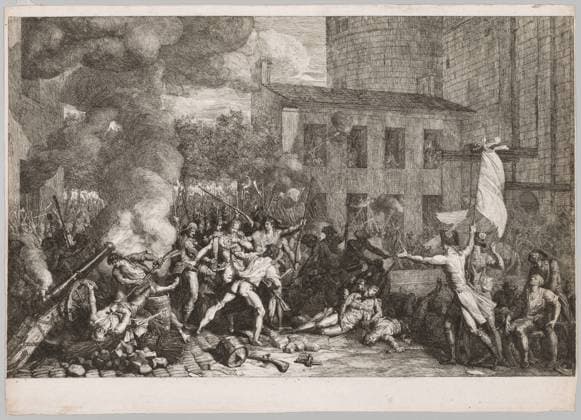 The Storming of the Bastille, July 14, 1789 , 1790. Charles ThÃ venin (French, 1764-1838). Etching; sheet: 41.6 x 58.5 cm (16 3 8 x 23 1 16 in.); image: 36.9 x 58.1 cm (14 1 2 x 22 7 8 in.). Overtaking the Bastille, a fortress prison and symbol of the monarchy™s power, was a turning point in the French Revolution (1789 99). This etching of the successful rebellion is the only print made by the history painter Charles ThÃ venin. Typically, artists recorded historical events in paintings that printmakers then engraved with tools called burins, but in this case ThÃ venin drew his composition directly on the prepared etching plate, capturing a sense of the excitement he claimed to have witnessed firsthand. A newspaper announcement for the Copyright: xpiemagsx