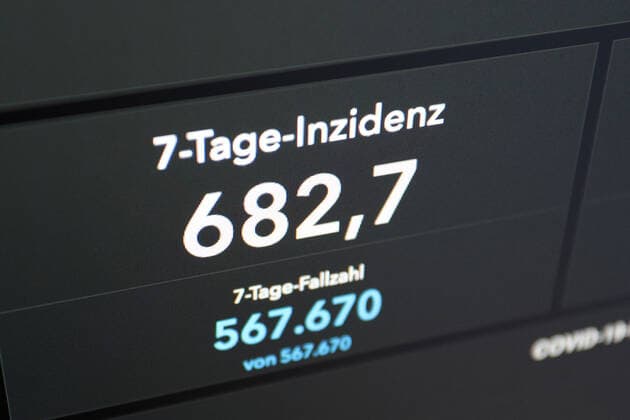 RKI dashboard, 7 day incidence is now 682.7 7 day incidence, RKI dashboard on a monitor on 01 07 2022 in Siegen Germany.