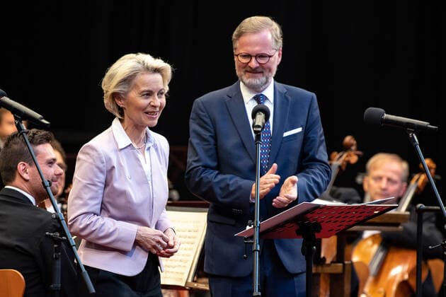 European Commission President Ursula von der Leyen, left, and Czech Prime Minister Petr Fiala, speak prior to Concert for Europe by Czech Philharmonic, within Smetana s Litomysl music festival and Czech EU presidency, on July 1, 2022, in Litomysl, Czech Republic. (CTKxPhoto DavidxTanecek) CTKPhotoP2022070108498  _TAD7337