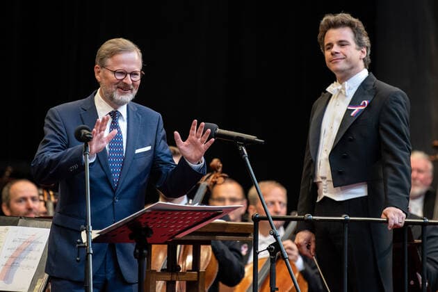 Czech Prime Minister Petr Fiala, left, speaks prior to Concert for Europe by Czech Philharmonic, within Smetana s Litomysl music festival and Czech EU presidency, on July 1, 2022, in Litomysl, Czech Republic. (CTKxPhoto DavidxTanecek) CTKPhotoP2022070108534  _TAD7278