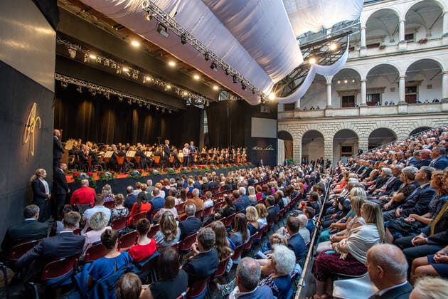 European Commission President Ursula von der Leyen and Czech Prime Minister Petr speak prior to Concert for Europe by Czech Philharmonic, within Smetana s Litomysl music festival and Czech EU presidency, on July 1, 2022, in Litomysl, Czech Republic. (CTKxPhoto DavidxTanecek) CTKPhotoP2022070108538  _TAD7324