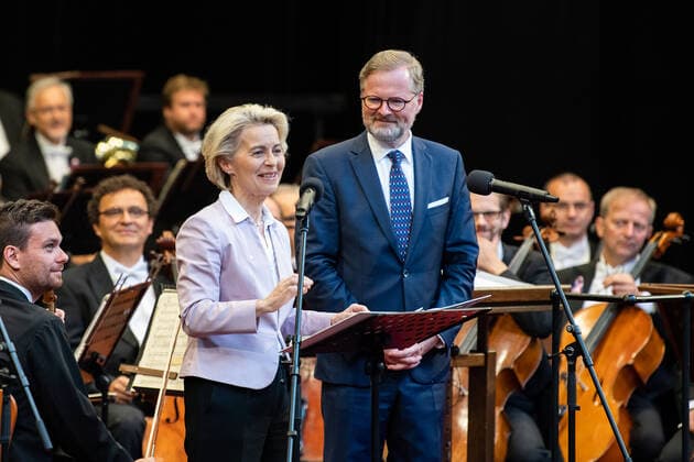 European Commission President Ursula von der Leyen, left, and Czech Prime Minister Petr Fiala, speak prior to Concert for Europe by Czech Philharmonic, within Smetana s Litomysl music festival and Czech EU presidency, on July 1, 2022, in Litomysl, Czech Republic. (CTKxPhoto DavidxTanecek) CTKPhotoP2022070108619  _TAD7298