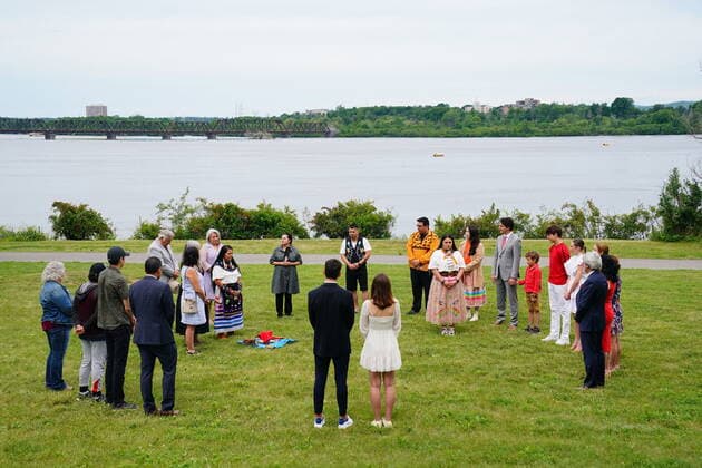 July 1, 2022, Ottawa, ON, CANADA: People including Mary Simon, Governor General of Canada, and Prime Minister Justin Trudeau take part in an Indigenous Reflection Ceremony near the banks of the Ottawa River in Ottawa on Friday July 1, 2022. Ottawa CANADA  - ZUMAc35_ 20220701_zaf_c35_007 Copyright: xSeanxKilpatrickx