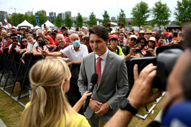 July 1, 2022, Ottawa, ON, CAN: Prime Minister Justin Trudeau participates in a TV interview during Canada Day celebrations at Lebreton Flats in Ottawa, on Friday, July 1, 2022. Ottawa CAN  - ZUMAc35_ 20220701_zaf_c35_047 Copyright: xJustinxTangx