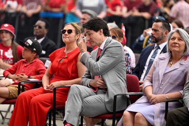 July 1, 2022, Ottawa, ON, CAN: Prime Minister Justin Trudeau touches his eye as he takes in a performance by Juno and Grammy Award winning musician Chantal Kreviazuk, during Canada Day celebrations at LeBreton Flats in Ottawa, on Friday, July 1, 2022. Ottawa CAN  - ZUMAc35_ 20220701_zaf_c35_051 Copyright: xJustinxTangx