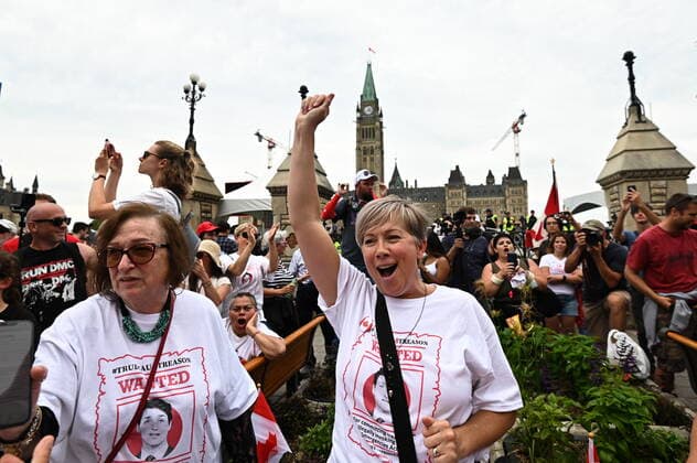 July 1, 2022, Ottawa, ON, Canada: People protesting against COVID-19 health measures are seen during a demonstration in the downtown core of Ottawa, Ont. during Canada Day celebrations on Friday, July 1, 2022. Ottawa Canada  - ZUMAc35_ 20220701_zaf_c35_060 Copyright: xSpencerxColbyx