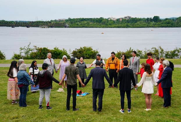 July 1, 2022, Ottawa, Ontario, CAN: Governor General Mary Simon and Prime Minister Justin Trudeau join others in an Indigenous Reflection Ceremony on the banks of the Ottawa River during Canada Day celebrations at LeBreton Flats in Ottawa on Friday July 1, 2022. Ottawa CAN  - ZUMAc35_ 20220701_zaf_c35_173 Copyright: xSeanxKilpatrickx