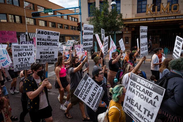 July 1, 2022, USA: Demonstrators march with signs on Central Avenue during the Emergency March: Abortion Access in All 50 States in Albuquerque, New Mexico on Friday, July 1, 2022. Demonstrators gathered to rally and march in demand of President Biden to take immediate emergency action for abortion rights. The event was hosted by the Party for Socialism and Liberation. USA - ZUMAab1_ 20220701_zaf_ab1_009 Copyright: xAlbuquerquexJournalx