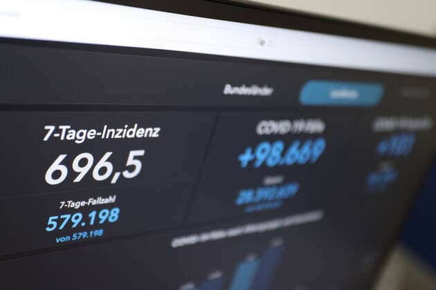 RKI dashboard, 7 day incidence is now 696.5 7 day incidence, RKI dashboard on a monitor on 02 07 2022 in Siegen Germany.