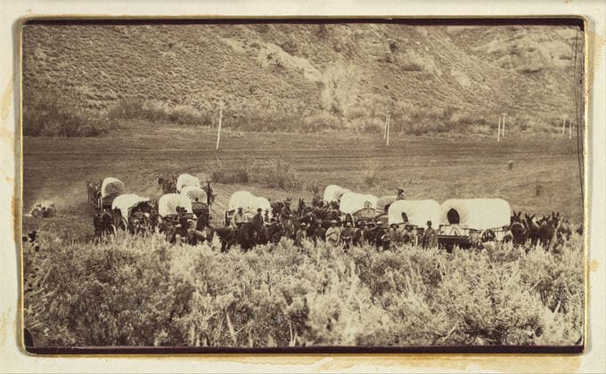 Mormon Emigrant Train, Echo Canyon ca. 1870 Charles William Carter American, born Britain Born in London, Charles Carter learned photography as a soldier in the British Army. In 1859 he moved to Salt Lake City in the Territory of Utah and soon joined the studio of his countryman and fellow Mormon Charles Roscoe Savage. Shortly thereafter he opened Carter s View Emporium, which catered to the rapidly growing Mormon community in Brigham Young s theocratic State of Deseret. From 1850 to 1870 the population of Salt Lake City grew on the average an astonishing 33 percent each year; by 1870 there were 86,000 residents, an increase of more than 75,000 people in two decades. This view of a train of Conestoga wagons, or prairie schooners as they wer Copyright: xpiemagsx Metbot-30452