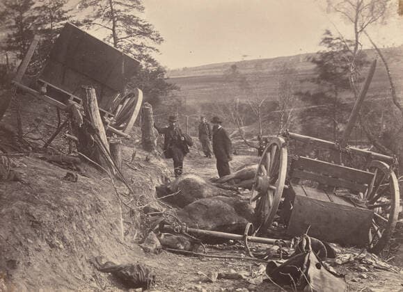 Rebel Cassion Destroyed by Federal Shells. At Fredericksburgh, May 3, 1863. Eight Horses Killed. May 3, 1863 Andrew Joseph Russell This photograph is as close to a spot-news battlefield view as was technically possible during the Civil War. Made just hours after a fierce fight above Fredericksburg, Virginia, the haunting picture shows the destruction by heavy artillery shell of a Confederate caisson (a two-wheeled vehicle for artillery ammunition) and its team of eight horses. On the afternoon the Union Sixth Corps captured Marye™s Heights (during the second battle of Fredericksburg), Andrew Joseph Russell crossed the Rappahannock River with his friend and superior officer General Herman Haupt, commander of the United States Military Rail Copyright: xpiemagsx Metbot-31807