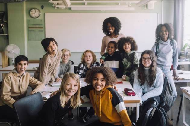 Group of diverse students with teacher in classroom Sweden, Stockholm, model released, property released Copyright: xMaskotx , MA93404 MA93404