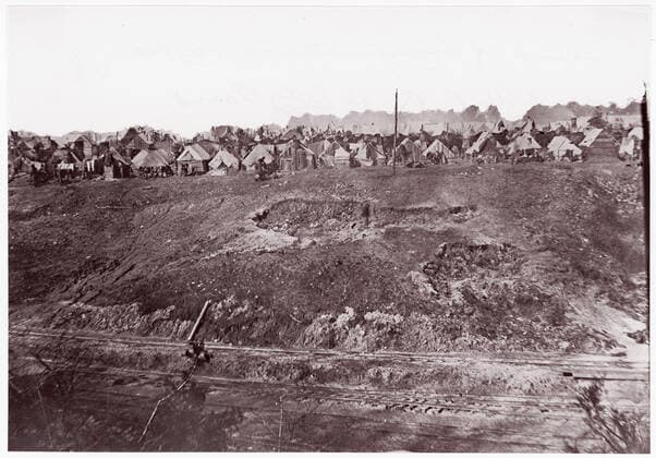 Camp of Construction Corps, U. S. Military Railroad at City Point, Virginia 1861 65 Andrew Joseph Russell American. Camp of Construction Corps, U. S. Military Railroad at City Point, Virginia 268110 Copyright: xpiemagsx Metbot-226037