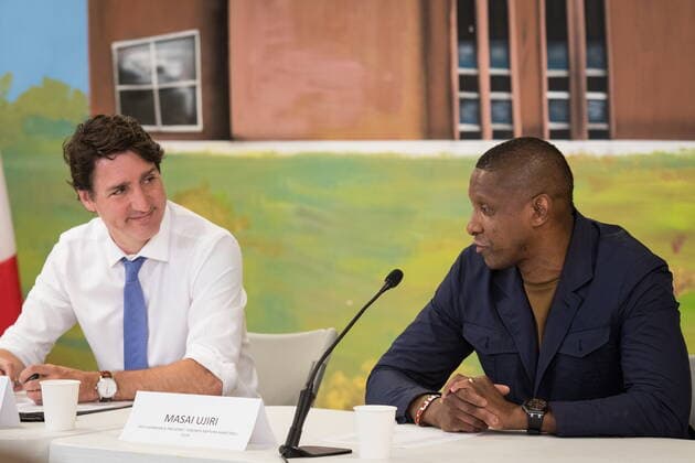 July 5, 2022, Etobicoke, ON, CANADA: Toronto Raptors President Masai Ujiri, right, speaks as Prime Minister Justin Trudeau listens during a gun violence roundtable at Rexdale Community Centre in Etobicoke, Ont., on Tuesday, July 5, 2022. Etobicoke CANADA - ZUMAc35_ 20220705_zaf_c35_004 Copyright: xTijanaxMartinx