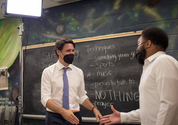 July 5, 2022, Etobicoke, ON, CANADA: Prime Minister Justin Trudeau, left, shakes hands with a community member at the start of a gun violence roundtable at Rexdale Community Centre in Etobicoke, Ont., on Tuesday, July 5, 2022. Etobicoke CANADA - ZUMAc35_ 20220705_zaf_c35_006 Copyright: xTijanaxMartinx